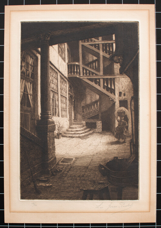 Louis Jouas-Poutrel - Innenhof in Rouen - o.J. - Radierung in Braun auf geripptem Bütten mit angeschnittenem Wasserzeichen (Arches)