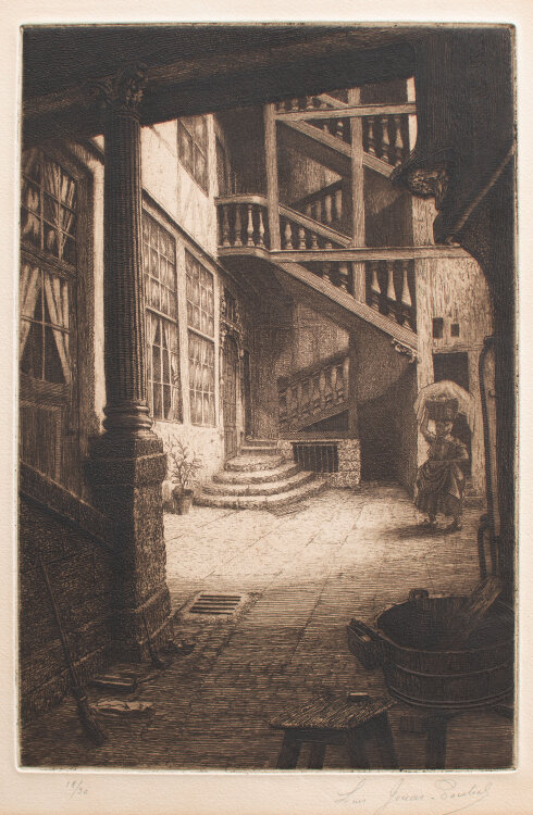Louis Jouas-Poutrel - Innenhof in Rouen - o.J. - Radierung in Braun auf geripptem Bütten mit angeschnittenem Wasserzeichen (Arches)