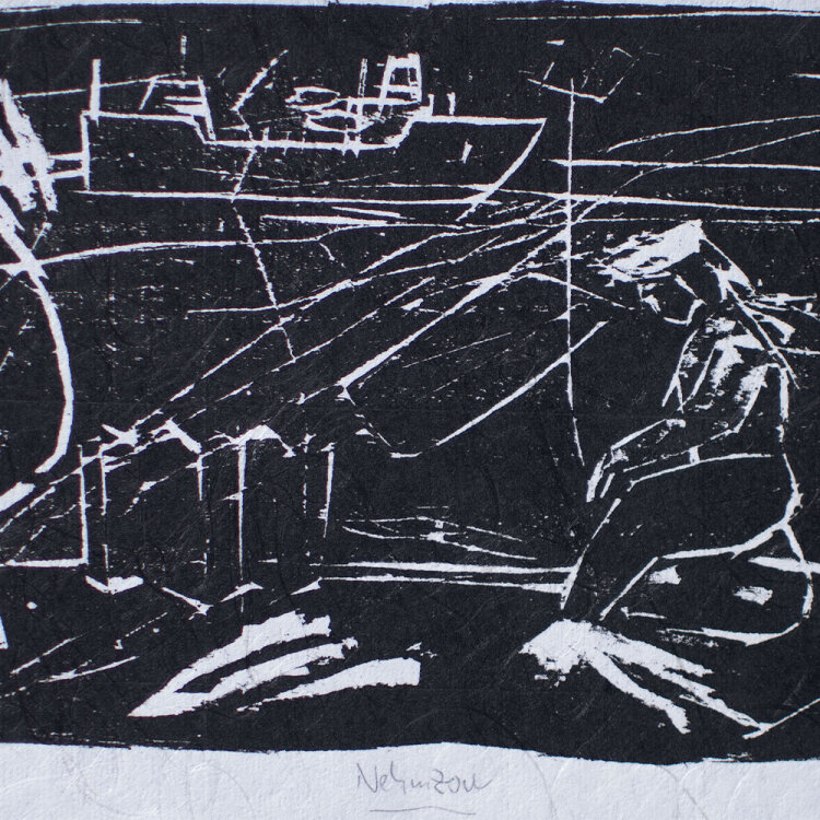 Olaf Nehmzow - Küste mit Hafenarbeiter - 1989 - Holzschnitt