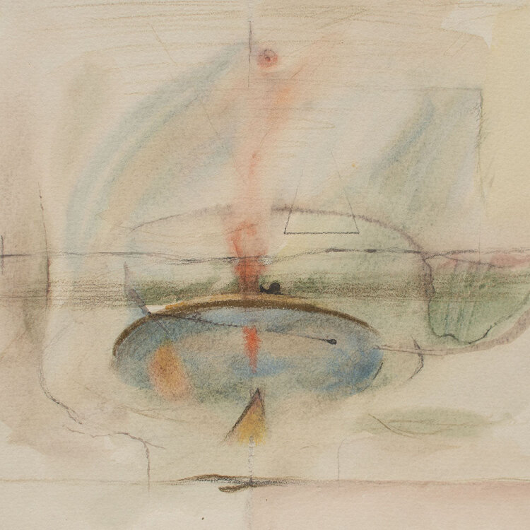 Karlheinz Schäfer - Abstrakt geometrische Landschaft - 1968 - Aquarell, Farbstift, Graphitstift und Goldfarbe