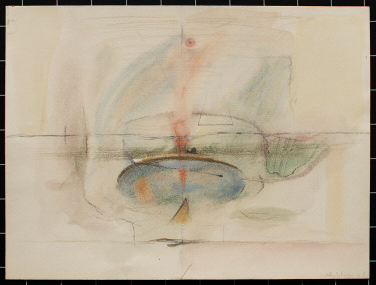 Karlheinz Schäfer - Abstrakt geometrische Landschaft - 1968 - Aquarell, Farbstift, Graphitstift und Goldfarbe