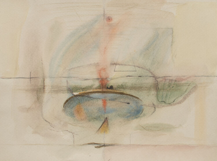 Karlheinz Schäfer - Abstrakt geometrische Landschaft - 1968 - Aquarell, Farbstift, Graphitstift und Goldfarbe