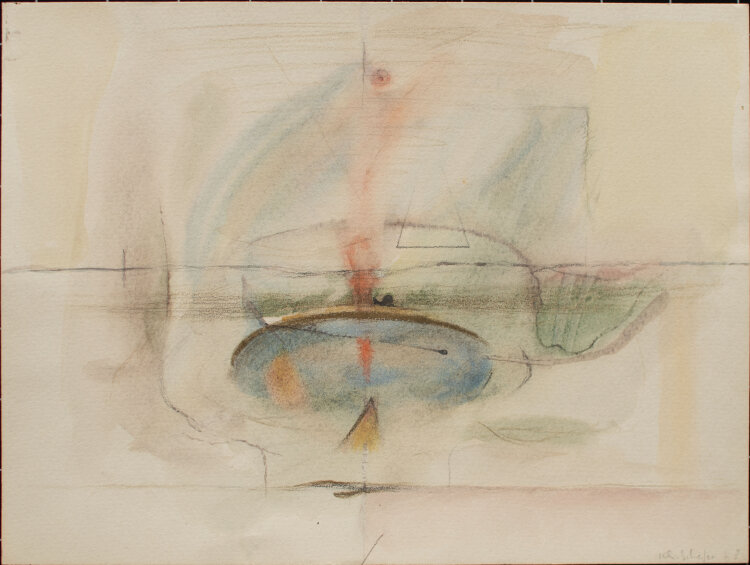 Karlheinz Schäfer - Abstrakt geometrische Landschaft - 1968 - Aquarell, Farbstift, Graphitstift und Goldfarbe