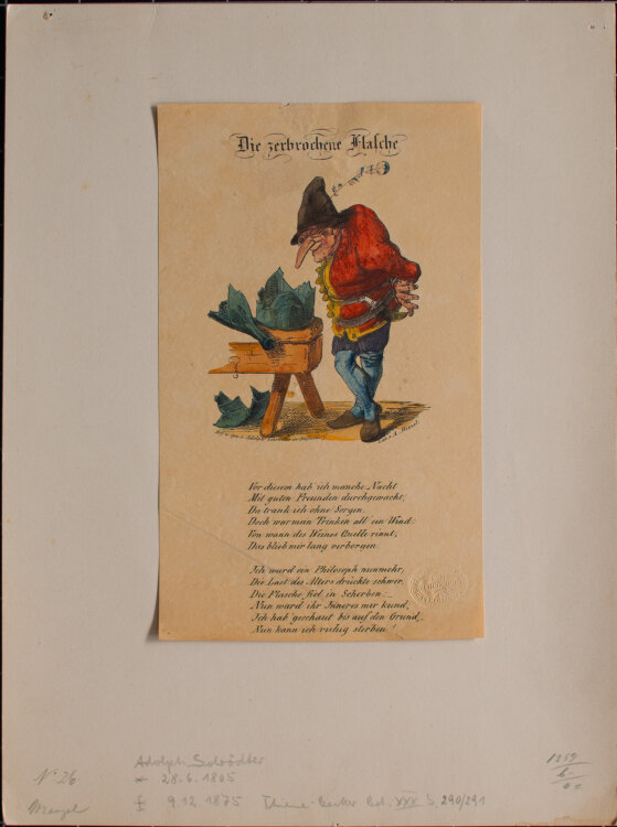 Adolph von Menzel nach Adolph Schrödter - Die zerbrochene Flasche - 1834 - Federlithographie, koloriert