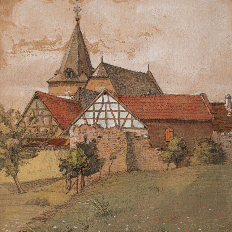 unbekannt - Dorfansicht mit Kirche - o.J. - Aquarell