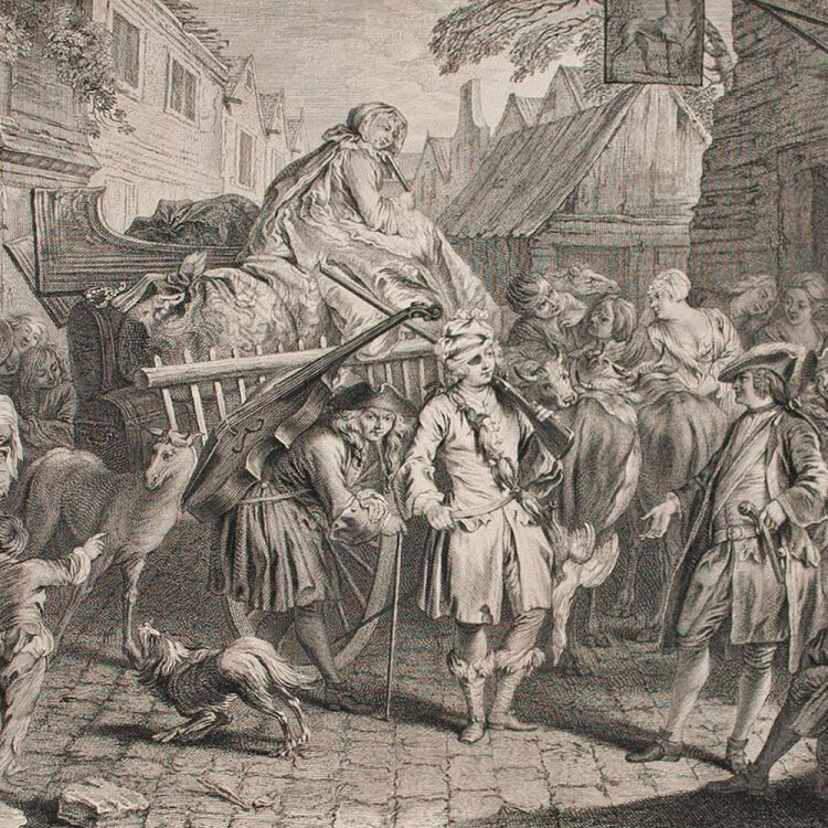 Louis Surugue - Arrivee des Commediens dans la ville du Mans - 1729 - Kupferstich