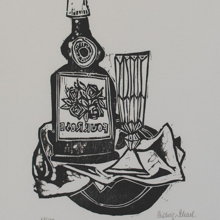 Ludwig Scharl - Fourroses-Whiskyflasche mit Glas - o.J. - Holzschnitt auf geripptem Bütten mit Prägestempel des Graphikkreises der neuen Münchner Galerie.