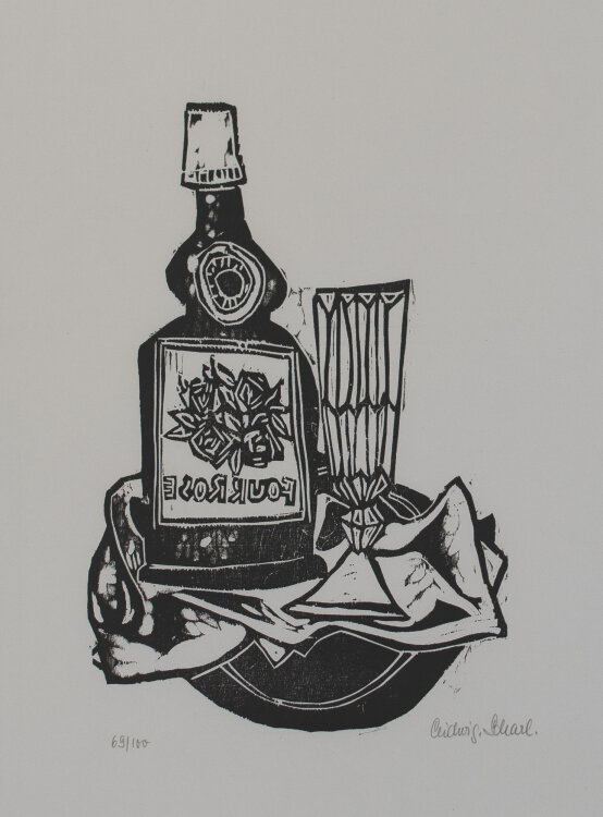Ludwig Scharl - Fourroses-Whiskyflasche mit Glas - o.J. - Holzschnitt auf geripptem Bütten mit Prägestempel des Graphikkreises der neuen Münchner Galerie.