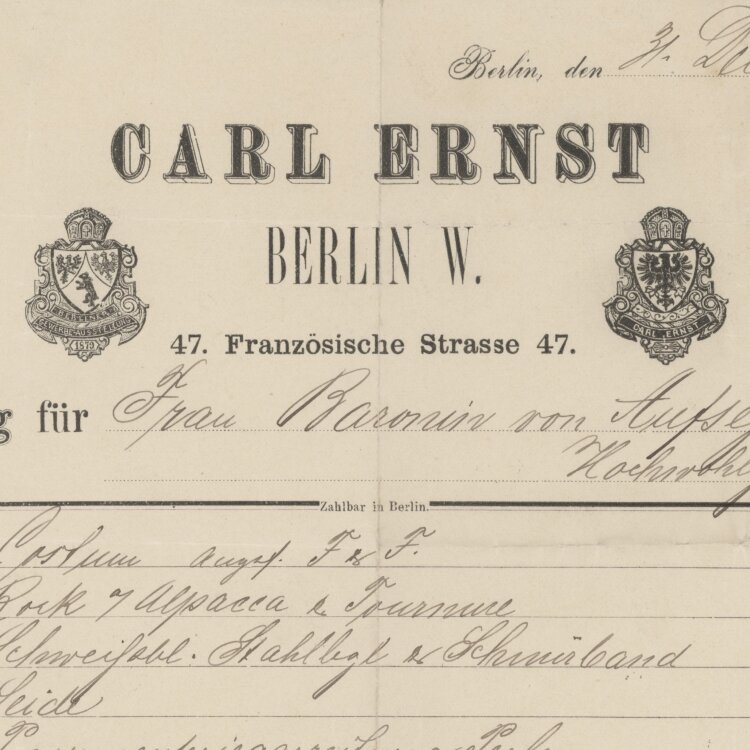 Carl Ernst - Rechnung - 31.12.1888