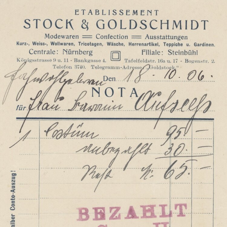 Etablissment Stock & Goldschmidt - Rechnung - 18.10.1906