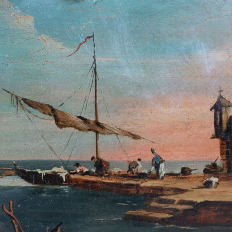 unbekannt - Vedute mit Segelschiff im Hafen - o.J. -...