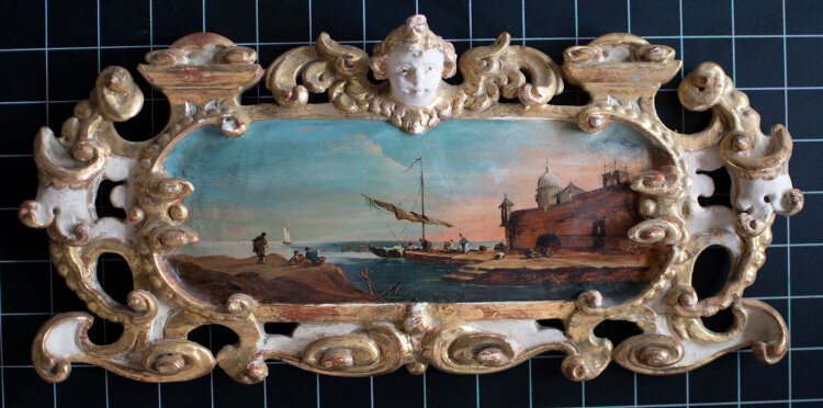 unbekannt - Vedute mit Segelschiff im Hafen - o.J. - Öl auf Holz
