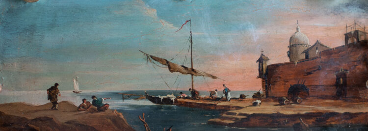 unbekannt - Vedute mit Segelschiff im Hafen - o.J. - Öl auf Holz