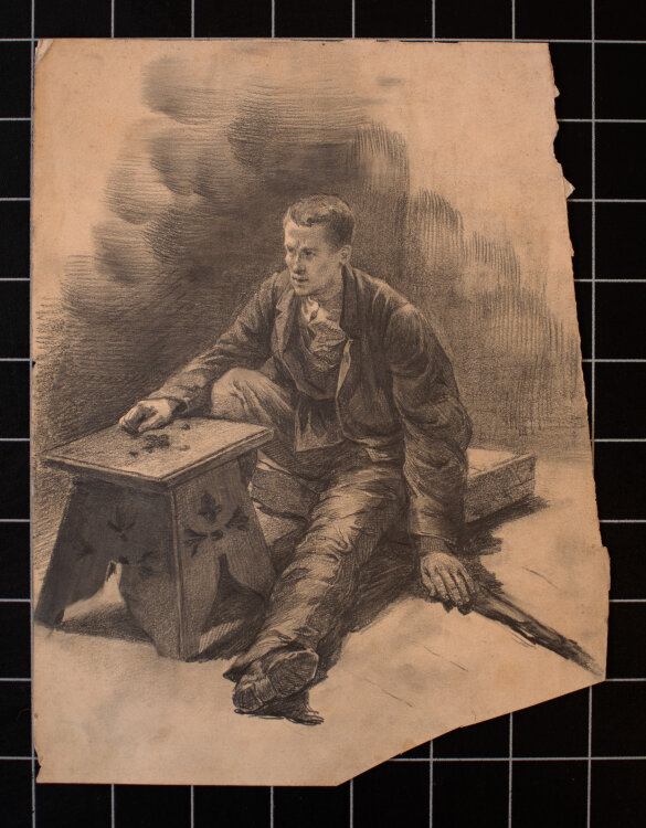 Józef Teofil Smoliński - Studienblatt Sitzender mit Hocker - um 1900 - Bleistift, Kohle