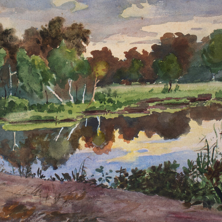 Józef Teofil Smoliński - Flussufer am Abend/ Kopfstudie - 1894 - Aquarell, Bleistift