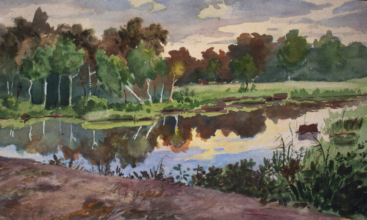 Józef Teofil Smoliński - Flussufer am Abend/ Kopfstudie - 1894 - Aquarell, Bleistift
