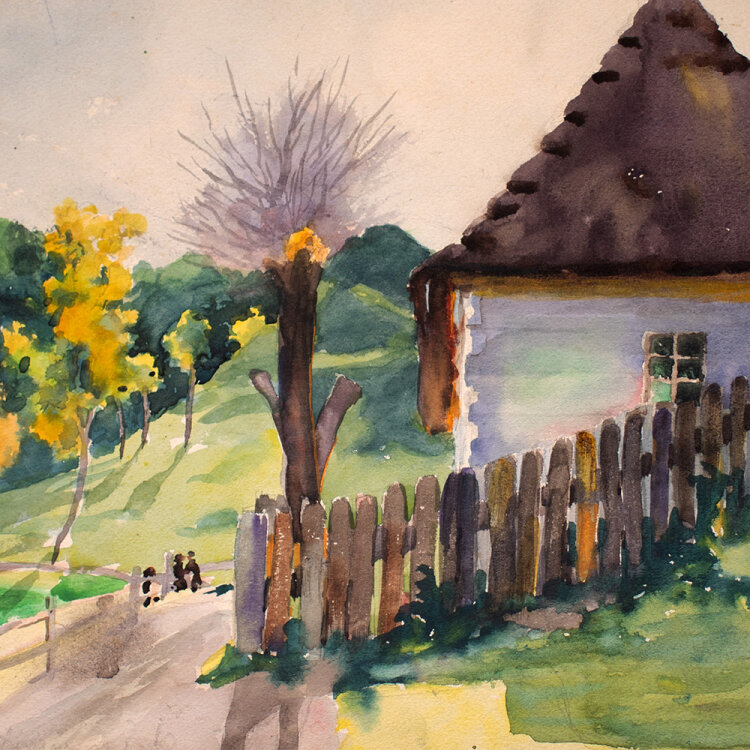 Józef Teofil Smoliński - Landschaft mit Bauernhaus - um 1900 - Aquarell, Bleistift