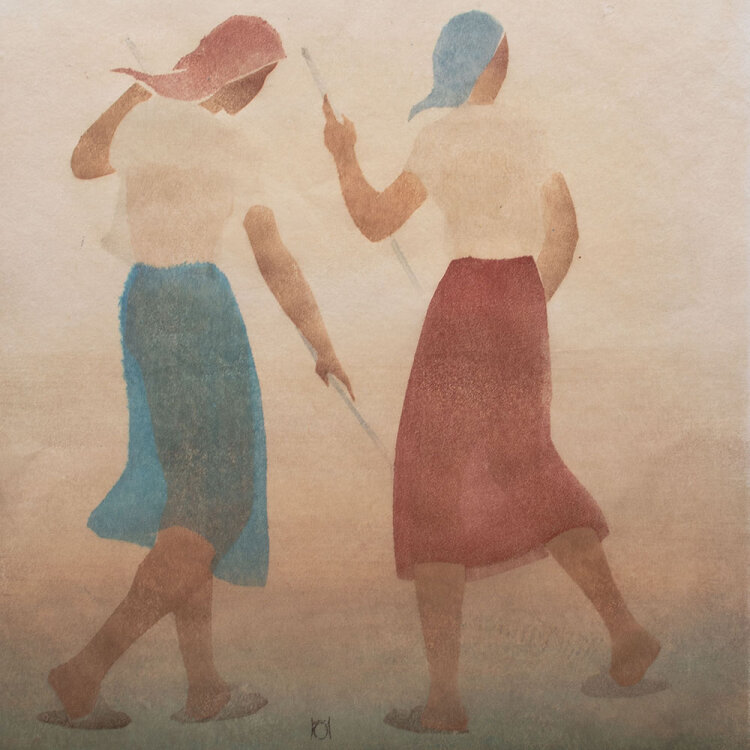 Hans Ott - Bäuerinnen beim Harken - 1958 - Farbholzschnitt auf feinem Japanpapier
