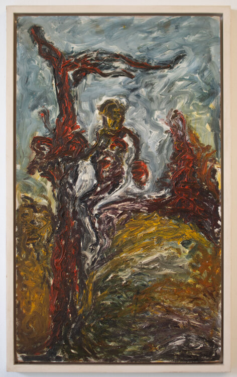 Frank Seidel - Abstrahierte Figur an einem Baum - 1989 - Öl auf Hartfaser