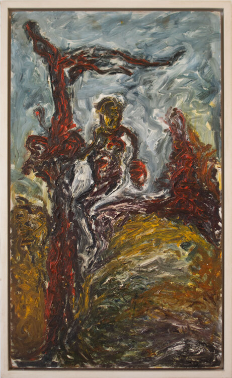 Frank Seidel - Abstrahierte Figur an einem Baum - 1989 - Öl auf Hartfaser