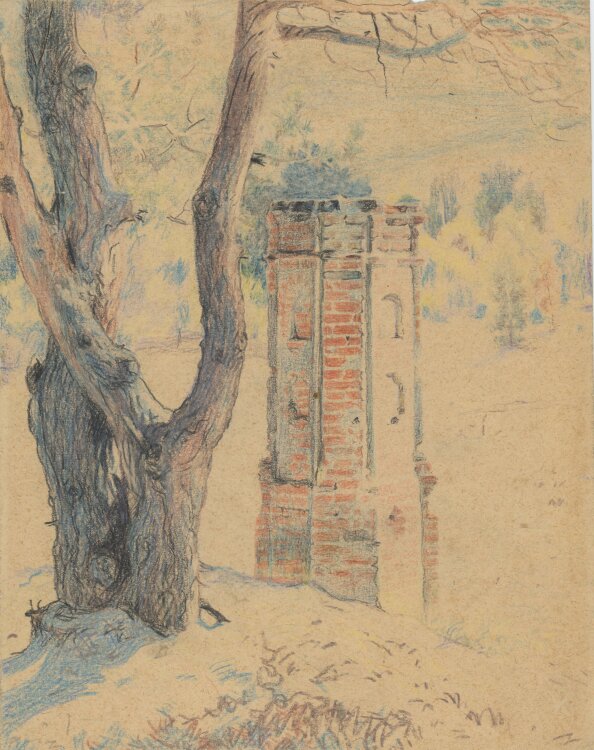 Józef Teofil Smoliński - Wald- und Wiesenlandschaft mit Türmchen - um 1900 - Wachsstifte, Bleistift