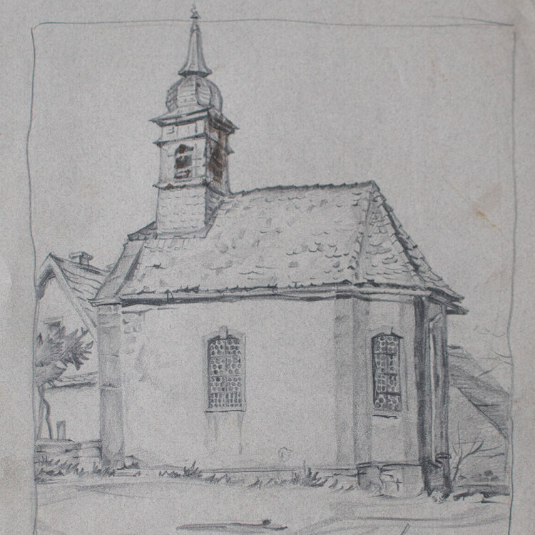 Uli Huber - Kirche in Gottersdorf - 1920 - Graphitstift auf getöntem geripptem Bütten mit Wasserzeichen