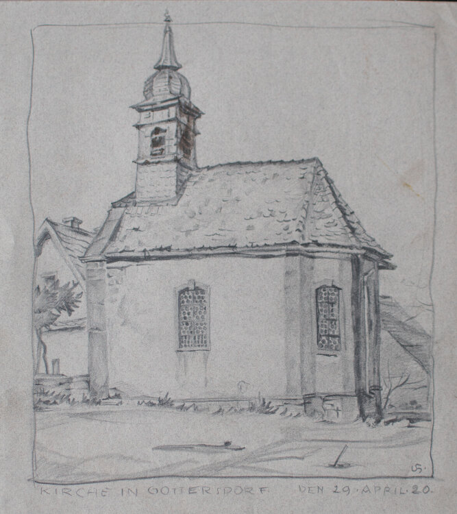 Uli Huber - Kirche in Gottersdorf - 1920 - Graphitstift auf getöntem geripptem Bütten mit Wasserzeichen