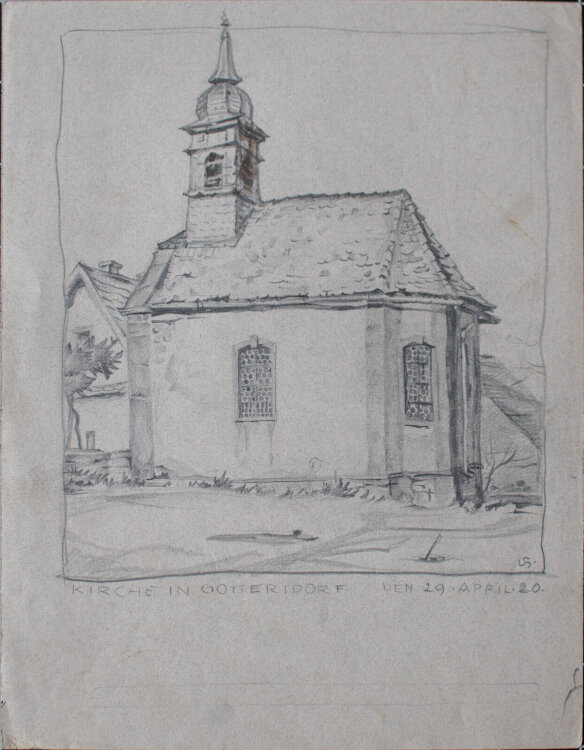 Uli Huber - Kirche in Gottersdorf - 1920 - Graphitstift auf getöntem geripptem Bütten mit Wasserzeichen