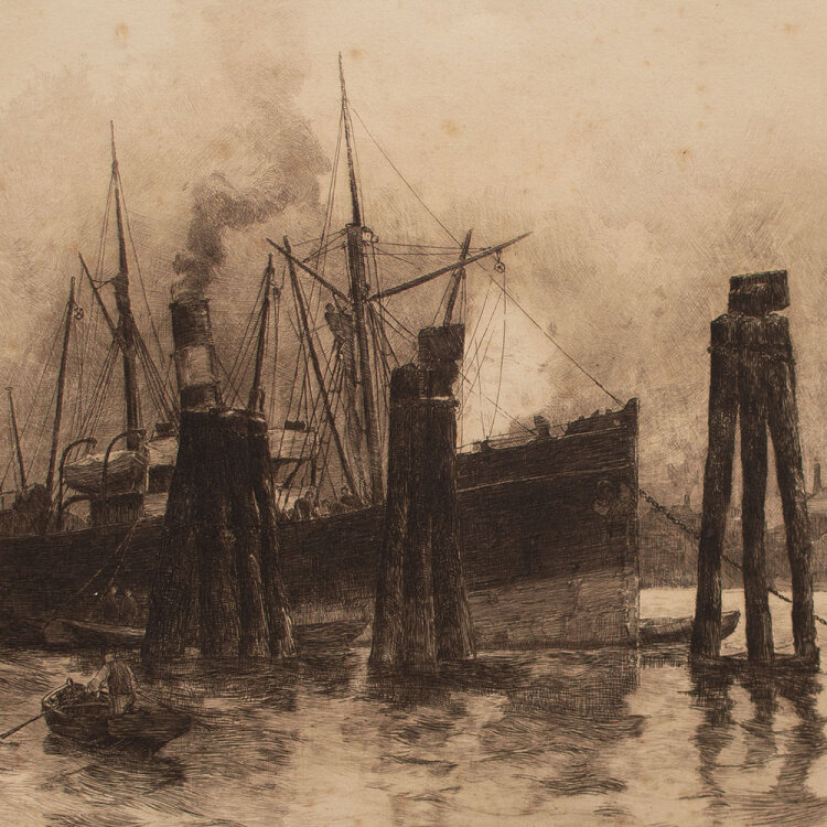 Leonhard Sandrock - Dampfer im Hafen - o.J. - Radierung mit Plattenton auf festem Papier
