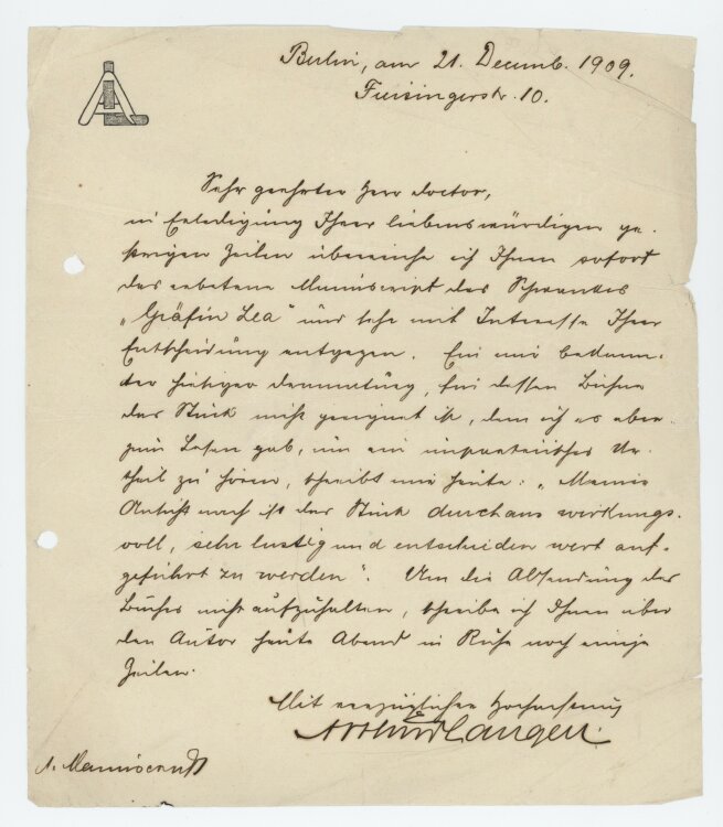 Arthur Langen - Brief - 21.12.1909