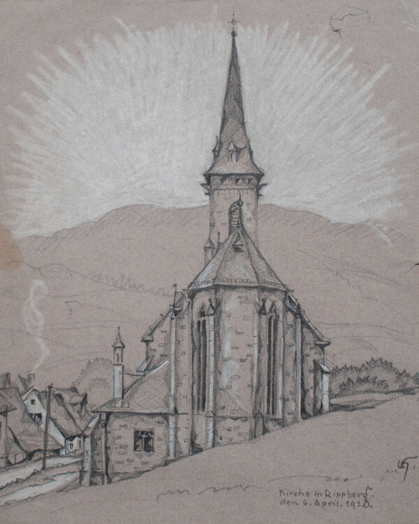 Uli Huber - Kirche in Rippberg - 1920 - Graphitstift, teils weiß gehöht auf getöntem geripptem Bütten mit Wasserzeichen