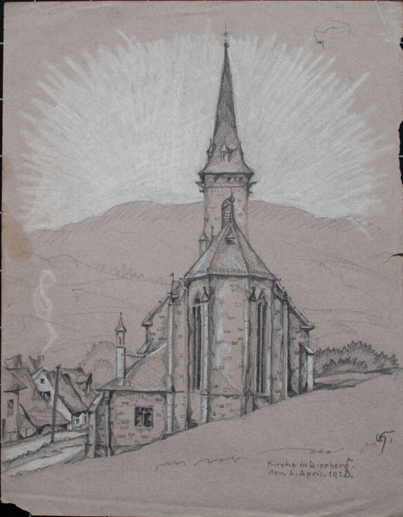 Uli Huber - Kirche in Rippberg - 1920 - Graphitstift, teils weiß gehöht auf getöntem geripptem Bütten mit Wasserzeichen