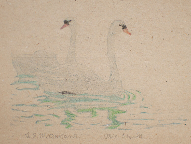 Lina Elisabeth Margarete Gerhardt - Schwäne auf dem Wasser - o.J. - Farblinolschnitt und Farbstift auf Blanko-Postkarte