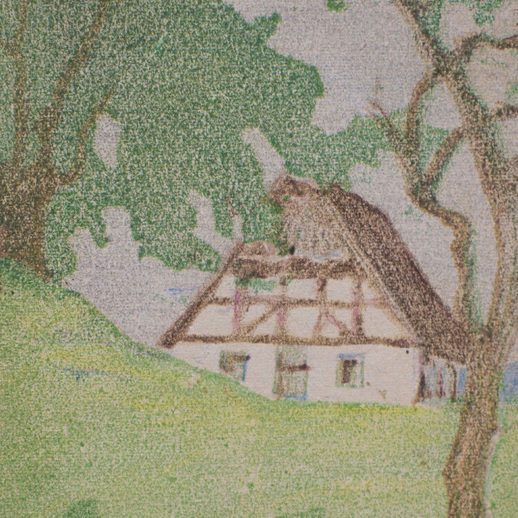Lina Elisabeth Margarete Gerhardt - Fachwerkhaus zwischen Bäumen - 1954 - Farblinolschnitt und Farbstift  auf Postkarte