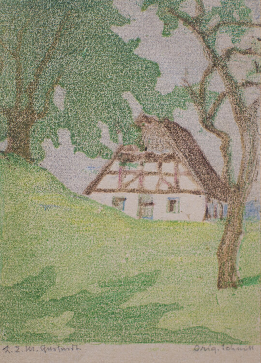 Lina Elisabeth Margarete Gerhardt - Fachwerkhaus zwischen Bäumen - 1954 - Farblinolschnitt und Farbstift  auf Postkarte