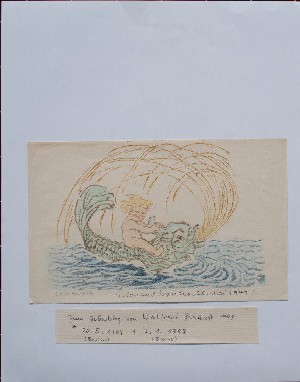 Lina Elisabeth Margarete Gerhardt - Ritt auf dem Fisch - 1949 - Farblinolschnitt und Farbstift auf dünnem Papier