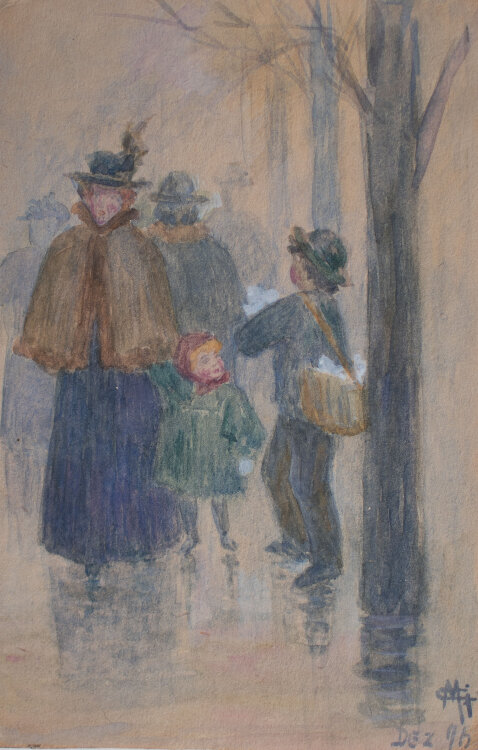 Lina Elisabeth Margarete Gerhardt - Straßenszene mit Zeitungsjungen - 1896 - Aquarell