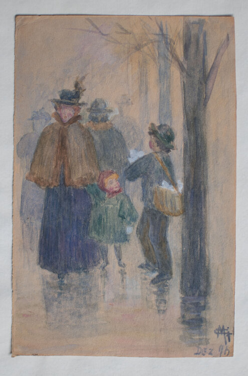 Lina Elisabeth Margarete Gerhardt - Straßenszene mit Zeitungsjungen - 1896 - Aquarell