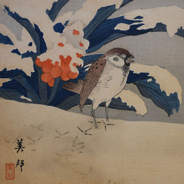 Biho Takashi - Vogel im Schnee - o. J. - Farbholzschnitt