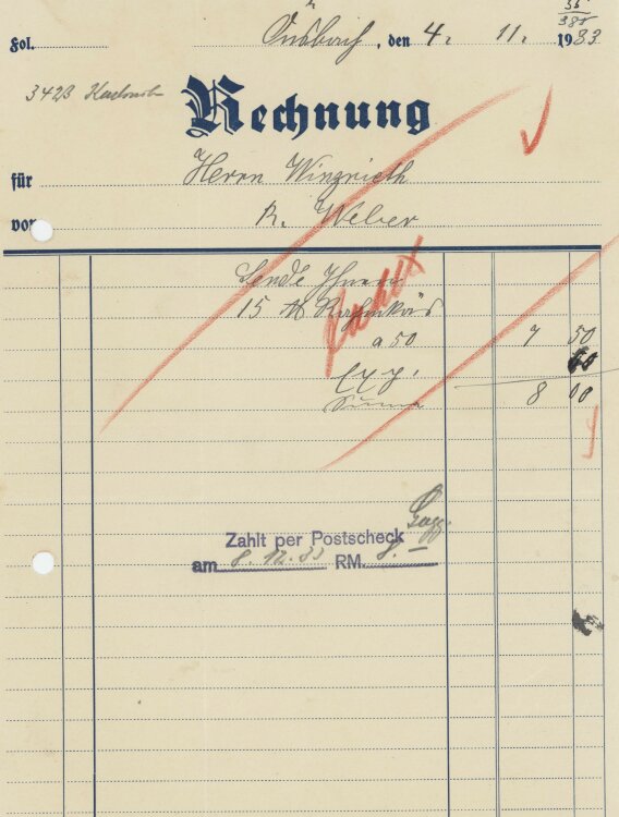 Firma M. Winzrieth (Kaufhaus) - Rechnung - 04.11.1933