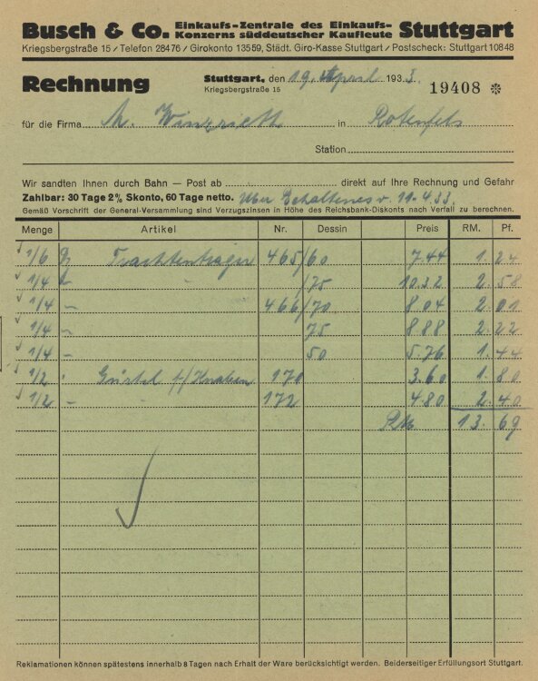 Firma M. Winzrieth (Kaufhaus) - Rechnung - 19.03.1933