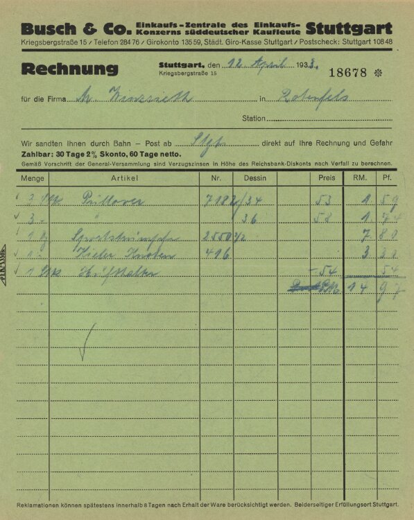 Firma M. Winzrieth (Kaufhaus) - Rechnung - 12.04.1933
