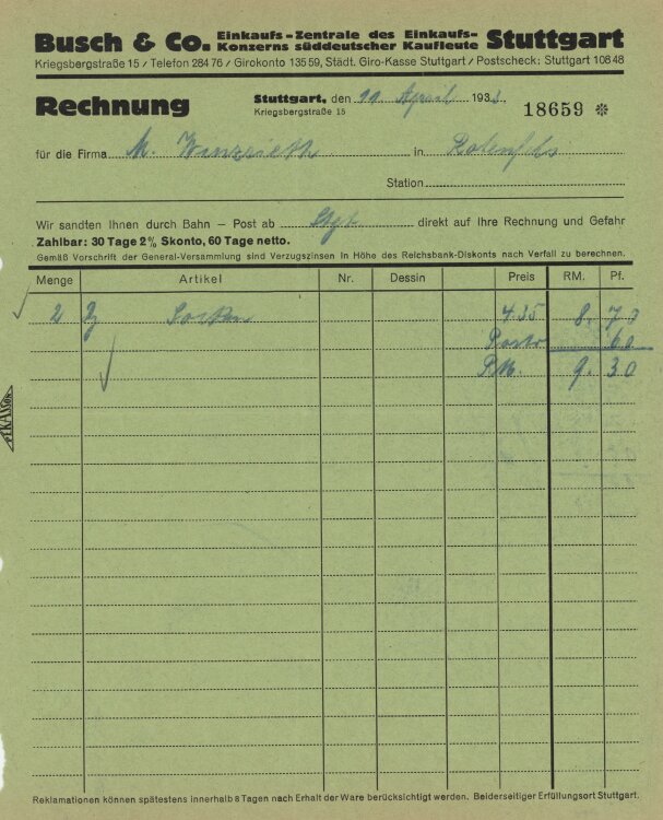 Firma M. Winzrieth (Kaufhaus) - Rechnung - 11.04.1933