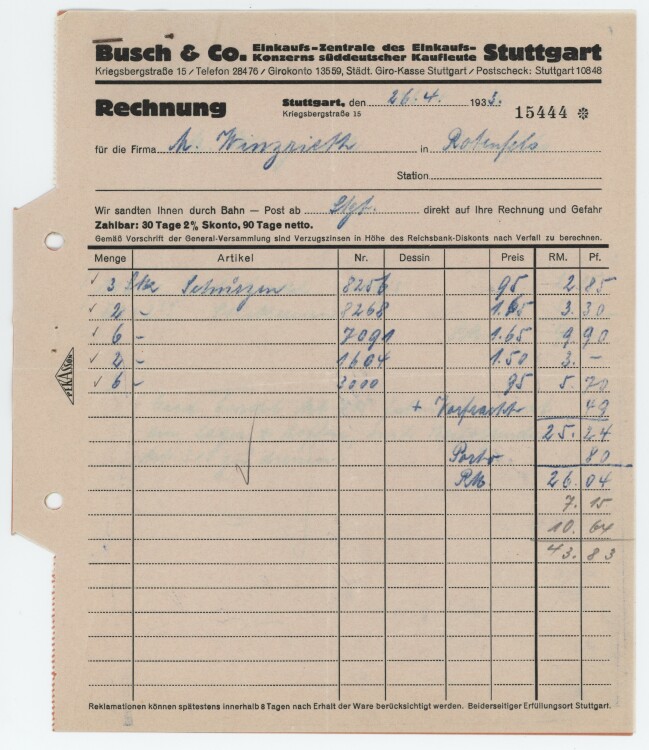 Firma M. Winzrieth (Kaufhaus) - Rechnung - 26.04.1933