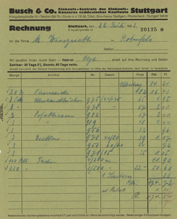 Firma M. Winzrieth (Kaufhaus) - Rechnung - 22.07.1933