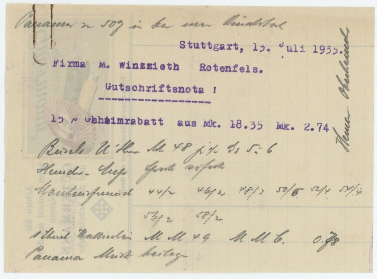 Firma M. Winzrieth (Kaufhaus) - Gutschrift - 24.07.1933