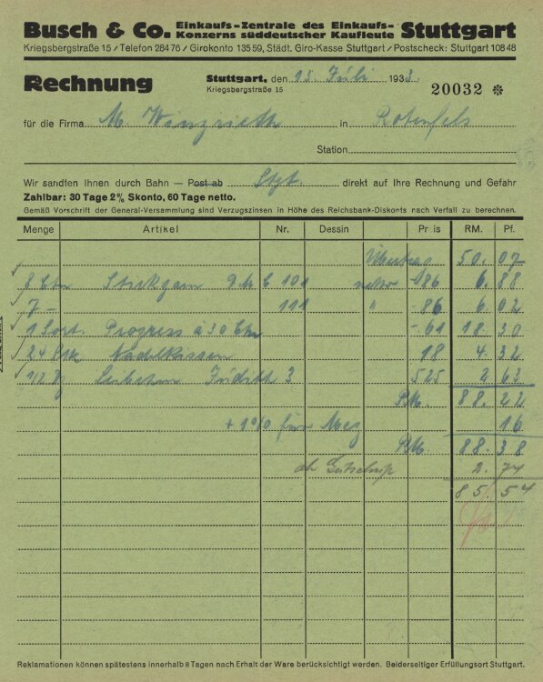 Firma M. Winzrieth (Kaufhaus) - Rechnung - 15.07.1933