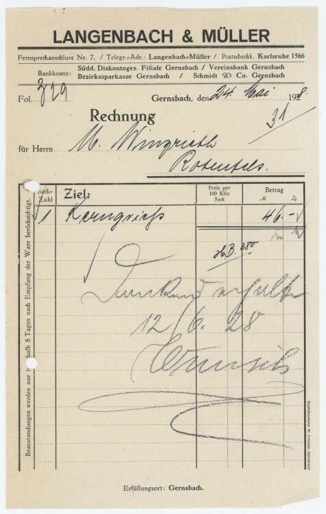 Firma M. Winzrieth (Kaufhaus) - Rechnung - 24.05.1928
