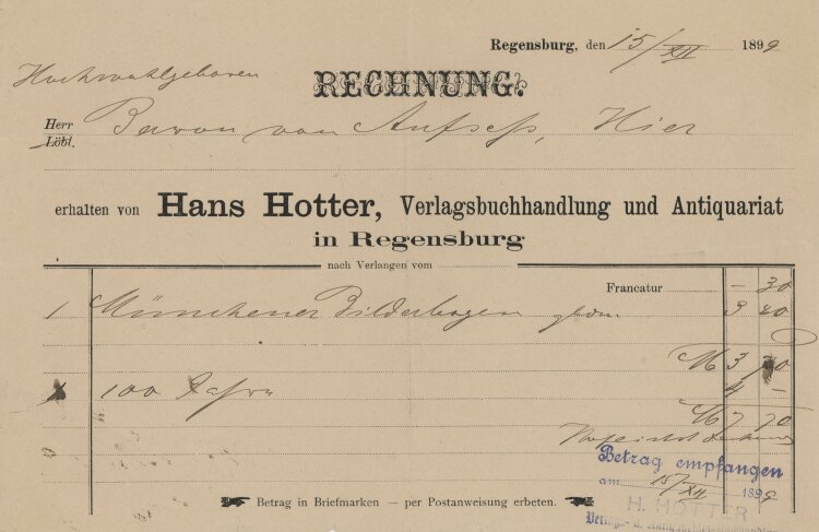 Otto von und zu Aufsess - Rechnung - 15.12.1899