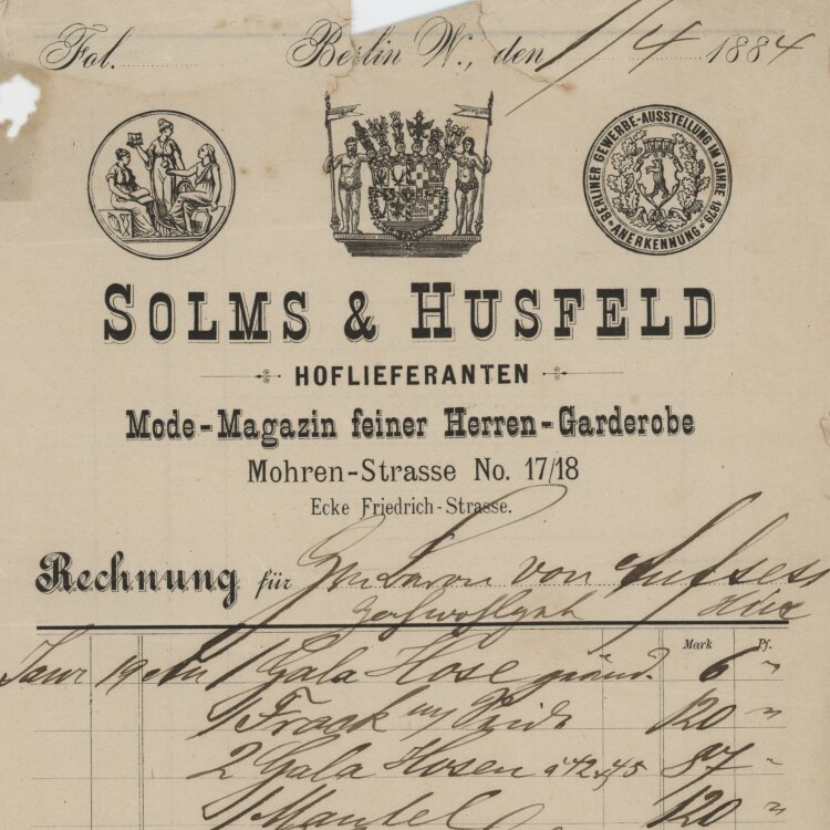 Otto von und zu Aufsess - Rechnung - 01.04.1884